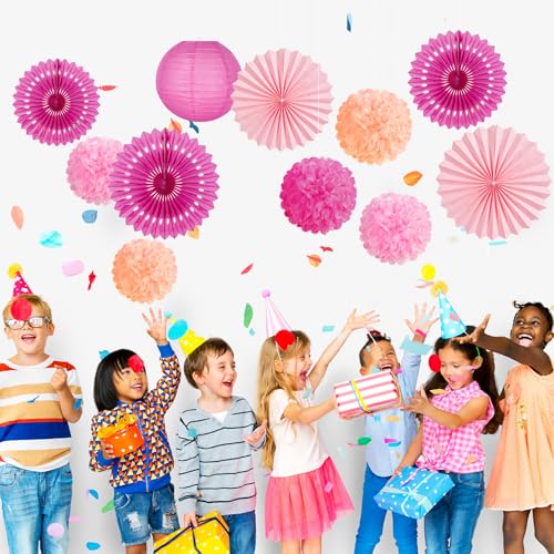 Image of SUNBEAUTY Hot Pink Birthday Party Decorations for Girls Women with Happy Birthday Banner Hot Pink Paper Fans Tissue Pom Poms Lantern Decorations Birthday Decorations Kit