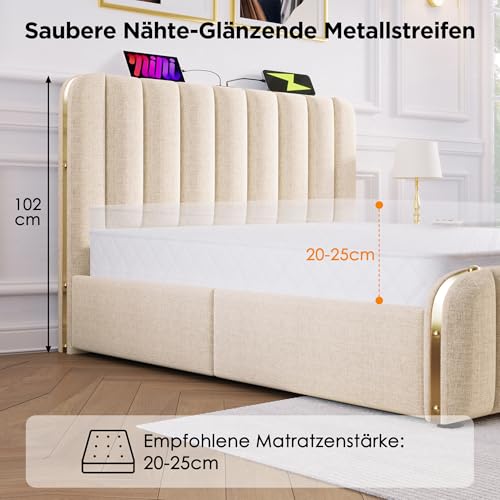 Polsterbett Einzelbett 90x200, Stauraumbett Jugendbett mit 4 Schubladen&USB Typ-C Ladefunktion, Bett Funktionsbett Bettgestell mit Holz Lattenrost&goldenen Zierstreifen Kopfteil, Leinen, Ohne Matratze – Bild 8