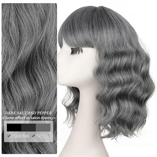 Image of Nnzes Wig Bangs Dark Salt and Pepper Short Wavy Hair for Women Natural Looking Heat Resistant Bob Wigs with Synthetic Wig for Daily Party Use