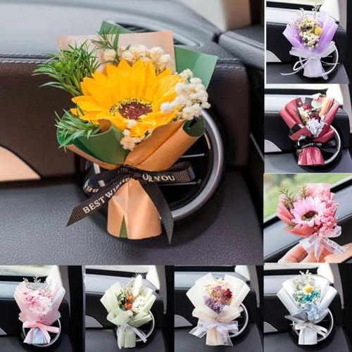 Image of Small Bouquet Car Air Freshener Vent Clips, Mini Dried Flower Bouquet,Cute Vehicle Interior Decorations Universal for Truck SUV Dashboard,Interior Accessories (J, 1set)
