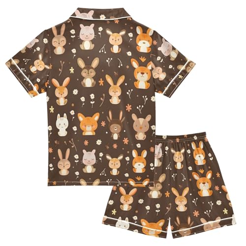 ALAZA Cute Animal Rabbit Blossom Pajamas Satin Pajama Set Short Sleeve Button Down Sleepwear2