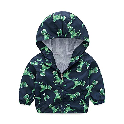 Kids Zip Up Hooded Coat,Baby Boy Cartoon Dinosaur Jackets Mesh Lined Windproof for Toddler Light Outwear (Navy,2-3 Years)