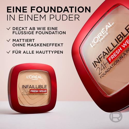 L'Oréal Paris Wasserfestes Puder Make-up mit hoher Deckkraft, Deckendes Kompaktpuder mit mattem Finish und 24h Halt, Infaillible 24H Fresh Wear Foundation Powder, Nr. 130 True Beige, 1 x 9 g – Bild 4