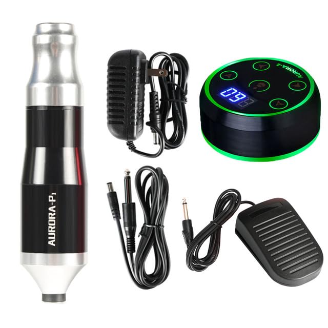 Tattoo Machine Kit Complete Aurora Rotary Pen Set Aurora 2 Power Supply LCD Foot Pedal Tattoo Supply for Beginners and Artists Professional Tattoo Gun Kit (Black)