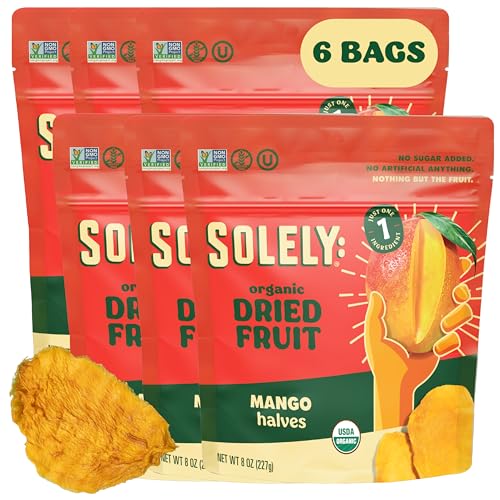 Image of SOLELY - Organic Dried Mango Halves (8 oz Resealable Bags, Pack of 6) - Real Fresh Fruit - 1 Ingredient - Healthy Snacks for Adults & Kids - Non GMO, Vegan Snacks, Shelf Stable - 6 Bags (48 oz)