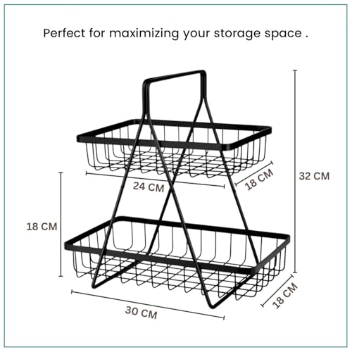 Image of Go Hooked 2 Tier Metal Fruit Basket for Dining Table | Space Saving Countertop Wire Storage Stand for Fruits, Vegetables & Bread | Multipurpose Metal Vanity & Home Organizer with Vertical Design