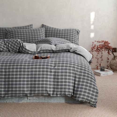 Image of EAVD Vintage Grey Buffalo Plaid Duvet Cover Twin Soft 100% Cotton Muslin Retro Black White Grid Checkered Bedding Set with 2 Pillowcases Reversible Gingham Duvet Cover with Zipper