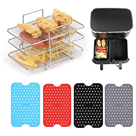 CUTIECLUB 304 Stainless Steel Air Fryer Rack for Ninja Dual/DualZone XL Air Fryer, Stackable Fruit Dehydrator Toast Oven Rack with 4pcs Silicone Liners Mat Set Cover