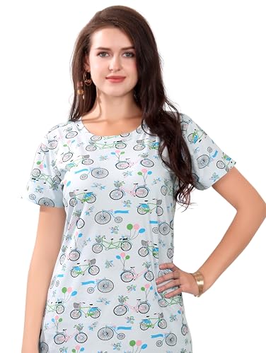 Image of Printed Knee Length Pocket Night Dresses for Women | Cat Lovers | Premium Soft Cotton Nighty | Sky Blue