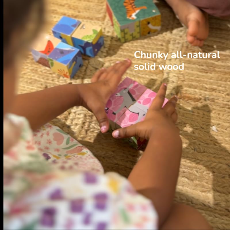 Image of Wooden Farm Puzzle for Toddlers 2 Yrs+ | 6 in 1 Farm Animal Block Puzzle with 4 Wooden Blocks | Montessori Educational Toy | Handmade in India | 100% Mango Wood | Non Toxic | Screen Free Toy