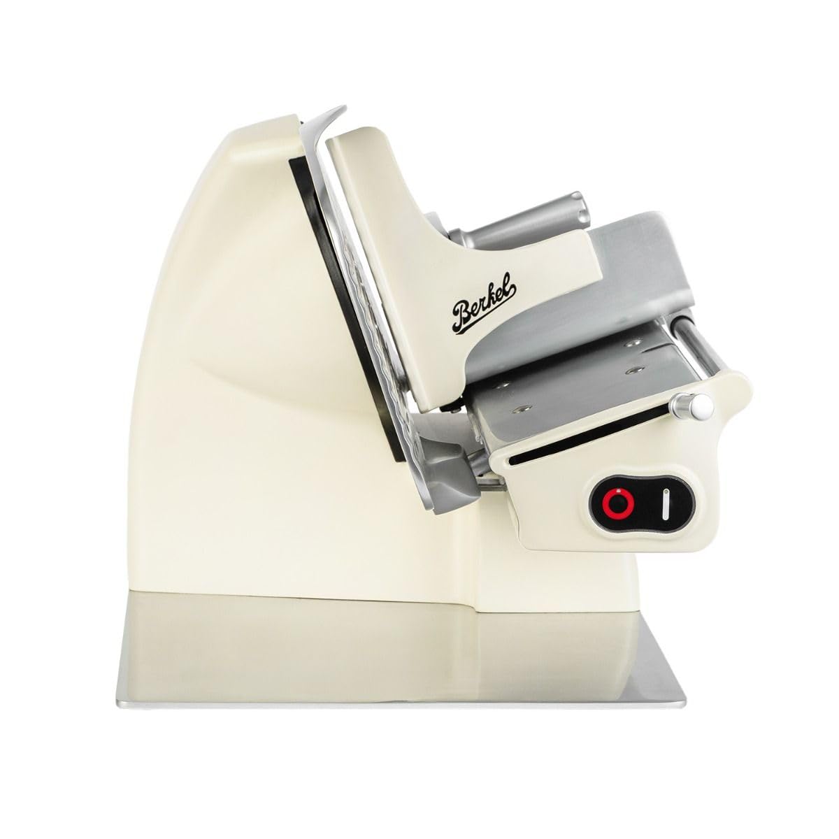 Berkel Home Line 200 Plus in Creme Matt mit handgemachtem Eichenholzbrett – Hochwertiger Schinken- und Wurstschneider für präzise Schnitte, modernes Design und robuste Handwerkskunst