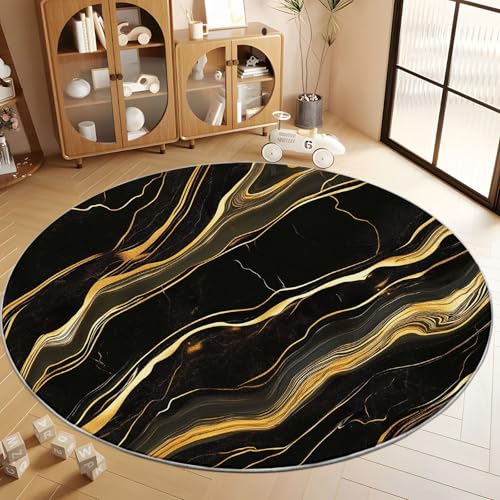 Tapete redondo 4 ft negro oro mármol bajo pelo miniatura 4