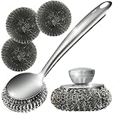 LUMAI Steel Wool Scrubber Dish Brush Set with Handle, Deep Cleaning Scrubber Set, Silver