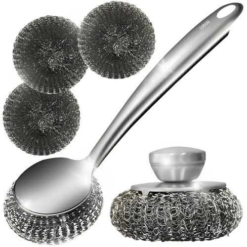 LUMAI Steel Wool Scrubber Dish Brush Set with Handle, Deep Cleaning Scrubber Set, Silver