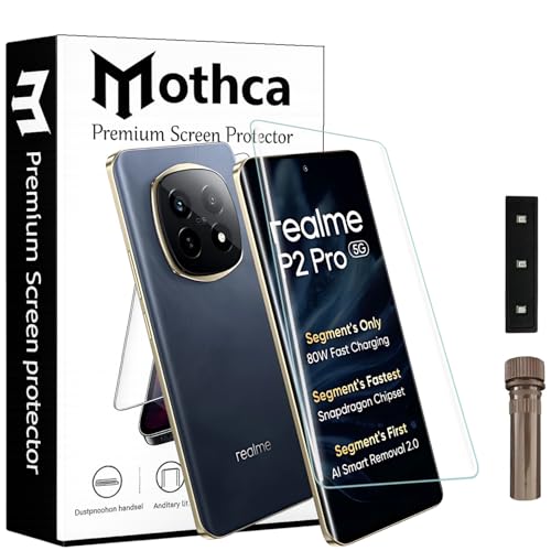 Image of Mothca Curved UV Tempered Glass Screen Protector for Realme P2 Pro 5G | Transparent | Pack of 1 | Full Screen Coverage with UV Installation Kit