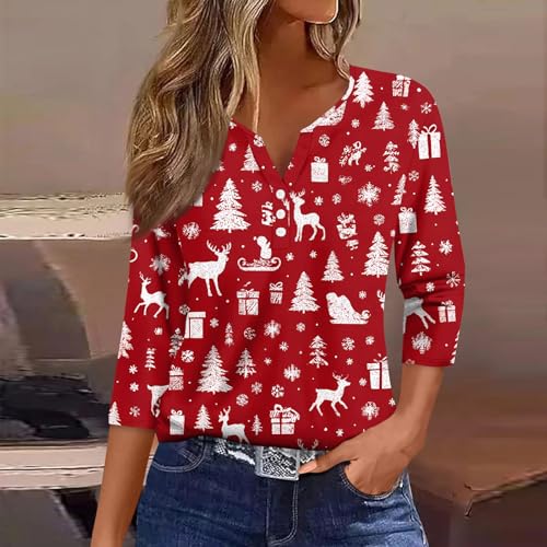 Image of Women Christmas Shirt 3 /4 Length Sleeve Henley Tops Xmas Outfits