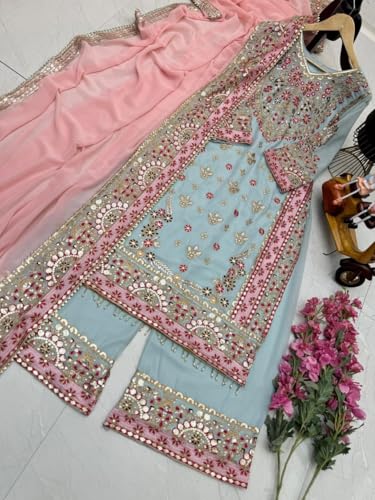 Image of WOONARI Royal Sage Green Pakistani Salwar Suit | Designer Embroidered Georgette Set with Pink Dupatta | Ideal for Wedding (XXL)
