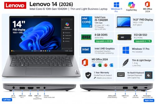 Image of Lenovo 14 (2026) Intel Core i5 13th Gen 13420H - (8 GB DDR5 /512 GB SSD /Intel UHD Graphics /Windows 11 Pro) Thin and Light Business Laptop /14.0 inch FHD Display /Luna Grey /Copilot Key /1.4 kg /MS Office 2024