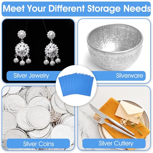 Image of 6 Pcs Zippered Silver Storage Bags Anti Tarnish 18 x 18 Inch Large Silver Organizer Pouches Anti Tarnish Jewelry Bags for Jewelry Flatware Silverware Storage Protection (Blue)