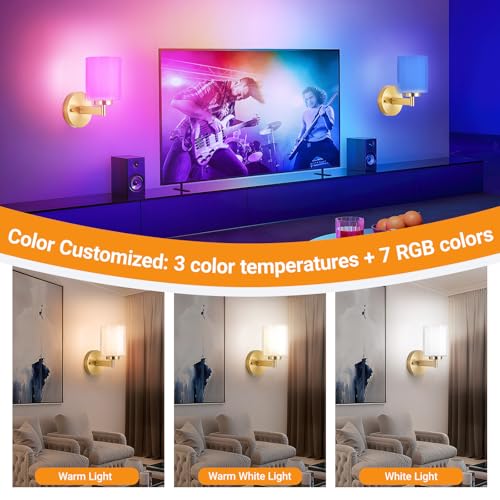 Image of Nekhung Battery Operated Wall Sconce Set of 2, Wireless Wall Sconce with Remote,10000mAh Rechargeable RGB Dimmable Bathroom Light Fixtures with Double Clear Glass Shade NOT Hardwired