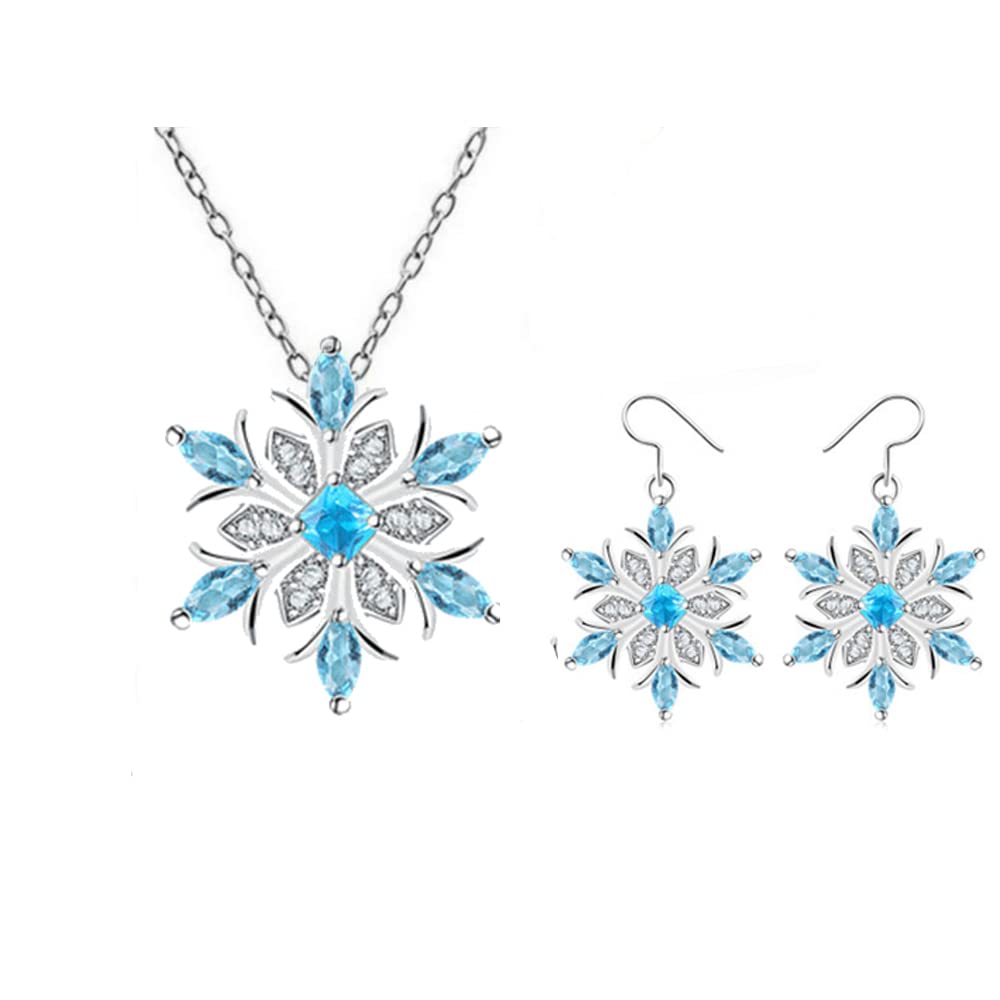 WLL Romantic Blue Rhinestone Snowflake Necklace Earrings Set for Women Winter Crystal Snowflake Flower Necklace Jewelry Christmas Holiday Gift