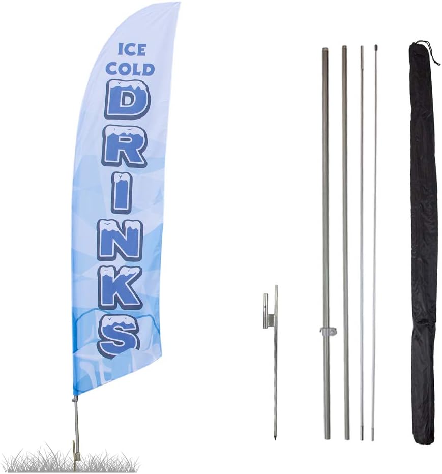 Vispronet Ice Cold Drinks Feather Flag Kits - 13.5ft Flag Complete Pole Set, Cross Base and Weight Bag – Great for Businesses, Storefronts, and Sales - Printed in The USA