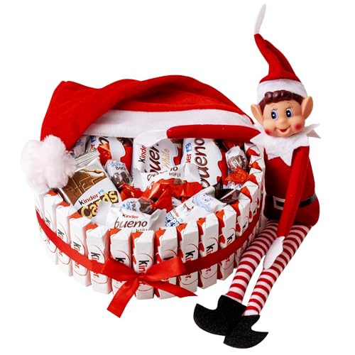 Onza Elfo Travieso Cesta Regalo original con Chocolates Kinder Bueno - Pack Surtido Chocolate Navidad y Duende Travieso - Dulces Navidad: Chocolatinas Kinder para cada día Calendario de Adviento 2025