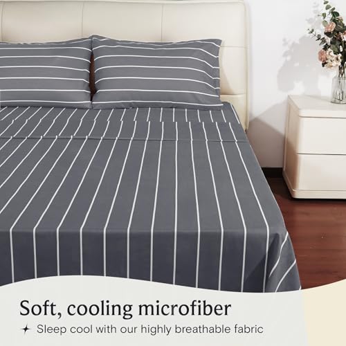 Image of LuxClub 4 PC Cal King Size Sheet Set, Breathable Luxury Bed Sheets, Deep Pockets 18 inch Wrinkle Free Cooling Machine Washable Hotel Bedding (Striped Light Grey)