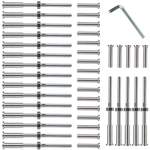 Muzata 20Pair Cable Railing kit 1/8"Invisible Hand Swage Threaded Stud Tensioner and Stemball Terminal T316 Stainless Steel 4" Long for 2x2 Wood Metal Post Deck Stairs, CR42
