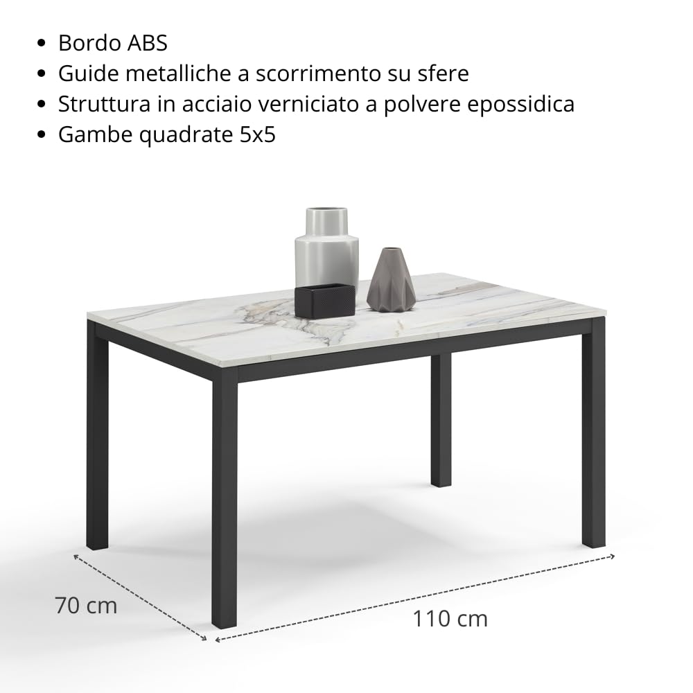 REDÒKASA Tavolo da pranzo allungabile 110x70 modello GIOTTO MADE IN ITALY con allunga laterale 40 cm per sala da pranzo, cucina e soggiorno, design moderno (Marmo di Carrara)