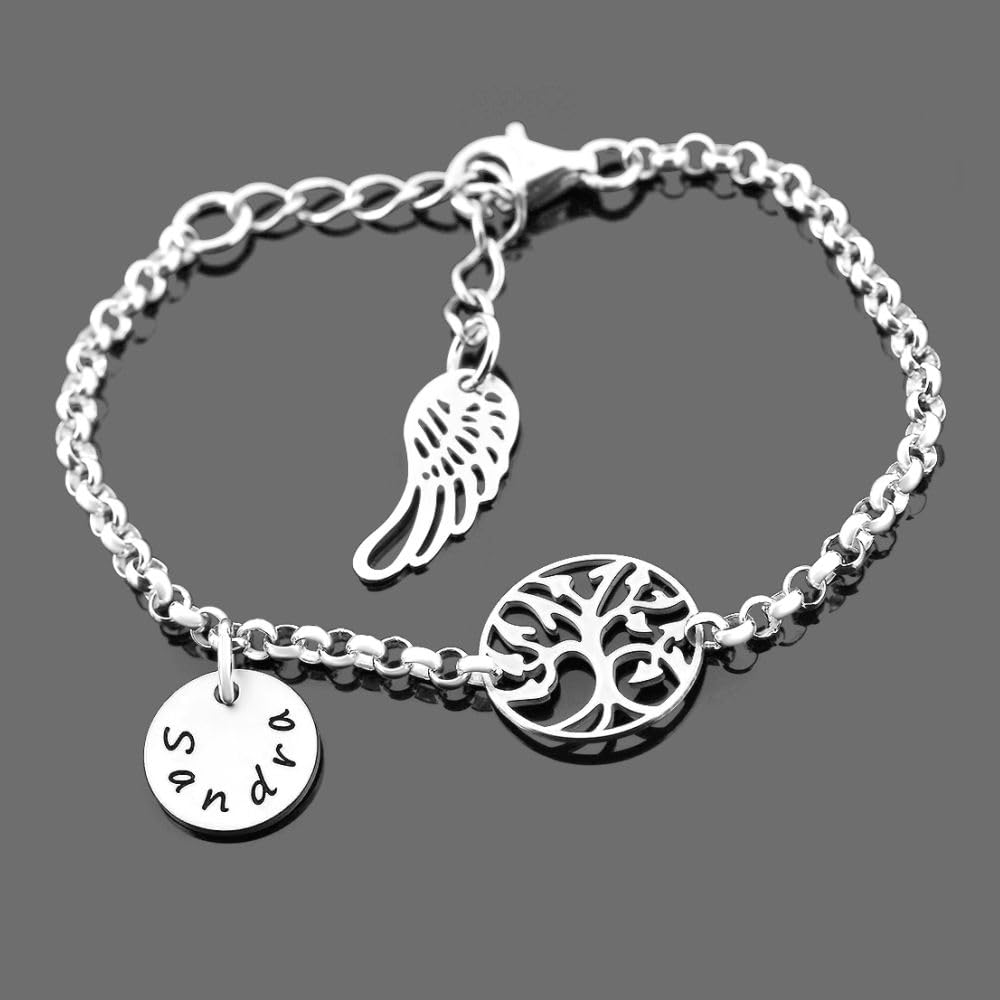 Namensarmband 925 Silber für Damen Bettelarmband mit Namen * Geschenk zur Geburt Mutter * Silberarmband Erbsenkette mit Gravur und Lebensbaum zartes Armkettchen Flügel
