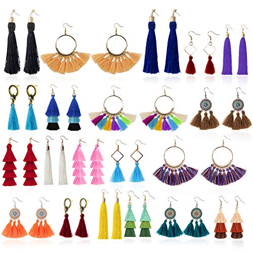 Tassel Earrings - 20 Pairs Colorful Bohemian Long Layered Hook Fringe Earrings Set Hoop Thread Tiered Ball Dangle Drop Earrings for Women Fashion Jewelry Valentine Birthday Party Gift