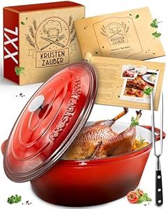 KRUSTENZAUBER 37, 5cm Gusseisen Bräter Mit Deckel Backofengeeignet Inkl. Fleischgabel - Großer 10l Gänsebräter - Idealer Topf XXL, Schmortopf Kazan Induktion Oval