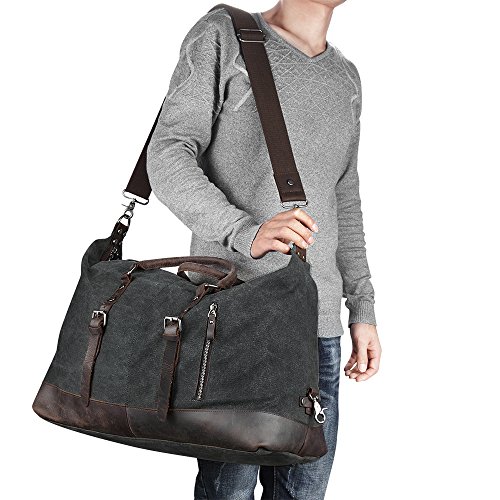 BLUBOON Canvas Overnight Bag Travel Duffel Genuine Leather for Men and Women Weekender Tote (Dark Grey)