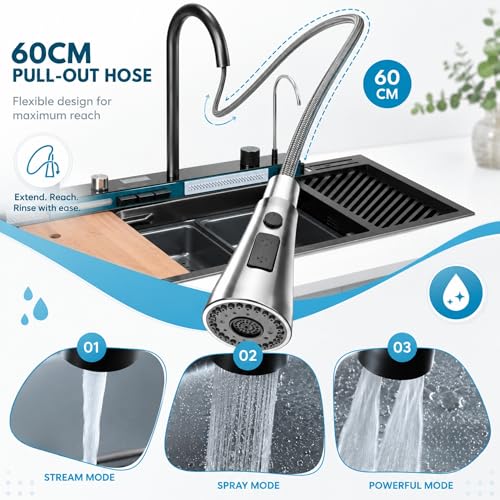 Image of Fossa 40x18x09 Smart Waterfall Piano Kitchen Sink, AISI Premium Stainless Steel, 2.5 mm Collar Thickness, 5-Year Warranty, Double Bowl Sink with LED Display, Black Matte Finish
