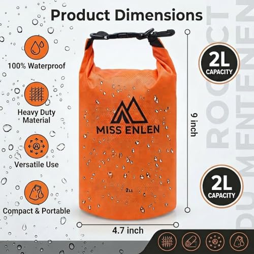 Image of Waterproof Dry Bag 500D PVC Roll Top Dry Sack with 3 Carrying Ways, Lightweight Waterproof Bag for Kayaking, Swimming, Boating, Paddle Boarding, Hiking, Beach (Orange, 2L)