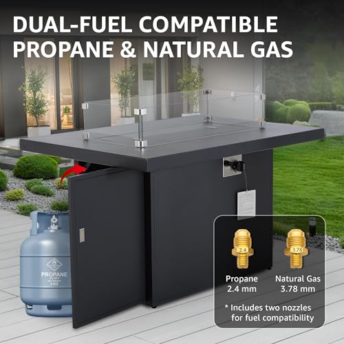BULEXYARD 43" Aluminum Propane/Natural Gas Fire Pit Table, 60,000 BTU Rectangle Outdoor Patio Firepit Table with Cover, Lid & Wind Guard, Modern CSA-Certified Fireplace for Outside Patio, Dark Grey