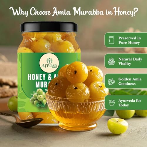 Image of Arivasa Organics Amla Murabba with Honey (500g) Natural & Fresh Indian Gooseberry Marmalade | Healthy & Sweet Snack for Digestion, Immunity & Overall Well-Being (No Artificial Preservatives or Flavors)