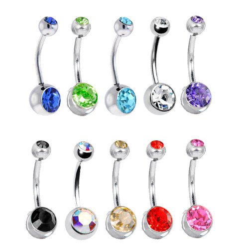 10 Belly Button Ring Lot Double Jeweled Belly Rings Surgical Steel 14 Gauge Crystal Gem (10 Pieces)