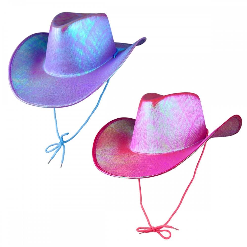 2 Pack Cowgirl Hats (Multiple Options) : Adult Ladies Womens Western Wild West Hen Night Music Festival Barn Dance Rodeo Fancy Dress Cowboy Costume Accessories (Iridescent, Hot Pink,Lavender)