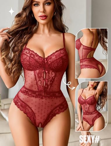 Image of Avidlove Women Sexy Lingerie Sheer Lace Bodysuit V Neck Teddy Lingerie One Piece Mini Babydoll
