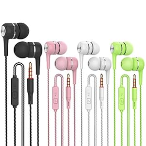 VPB S12 in Ear Earbud Deep Bass Clear Sound Wired Earphone Tangle Free Headphone Noise Isolating with Microphone for iOS and Android Smartphone, Laptop, MP3, Pad (Black White Pink Green 4 Pairs)