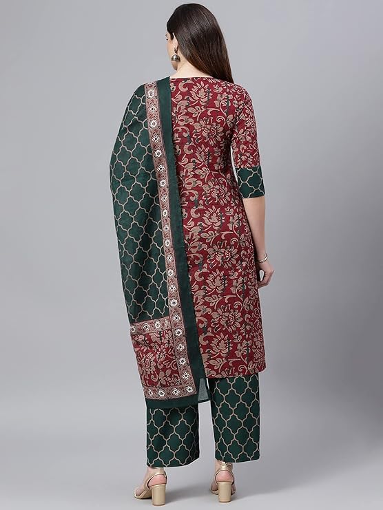Image of idaLia Pure Cotton Kurta Set with Dupatta - Printed Kurta, Palazzo Pant & Dupatta, 3 /4 Sleeve, Round Neck, Calf Length Maroon