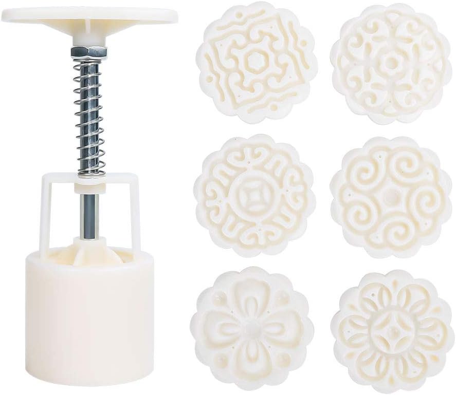 MCOMCE Lahsary Cookie Stamp, 50g Mooncake Mold with 6 Stamps, Flowers Design Cookie Stamp Moon Cake Mold Stamps - Mid Autumn Festival Cookies Cutters - DIY Decoration Mooncake Press Molds (White)