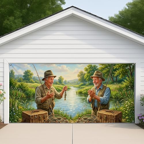 Rivière extérieure en housse de garage, masquez une porte usée avec ce décor de pêche vert - 6