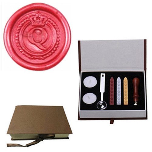 MNYR Vintage Alphabet Letter Q Crown Wreath Initial Embossment Wedding Invitations Gift Cards Wax Seal Stamp Stationary Sealing Wax Stamp Wood Handel Gift Box Candles Wax Sticks Melting Spoon Kit Set