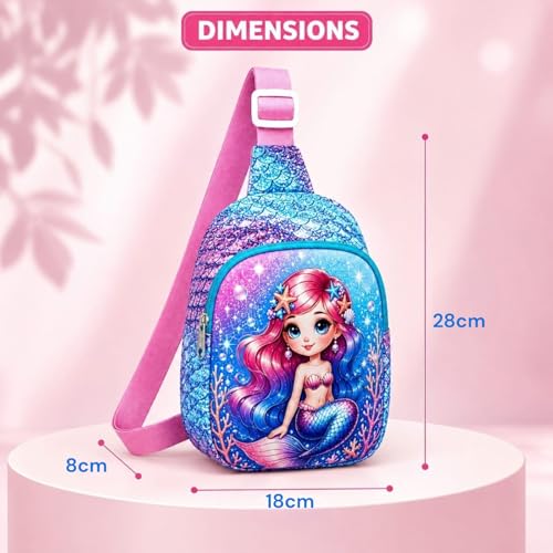 Image of Cute Mermaid Print Sling Bag for Girls | Fashionable Crossbody Chest Bag for School, Travel, Shopping & Daily Use | 1 Main Compartment |3 L Capacity | Adjustable Shoulder Strap|Pack of 1 |Multicolour