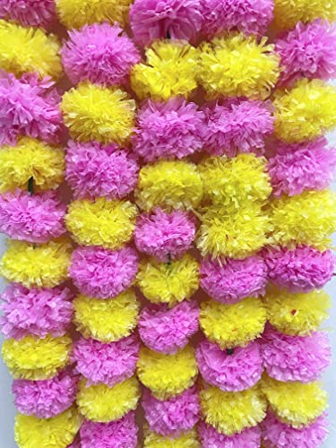 Image of SPHINX Artificial Marigold Fluffy Flowers Garlands for Decoration - Pack of 5 (Yellow and Baby Pink)