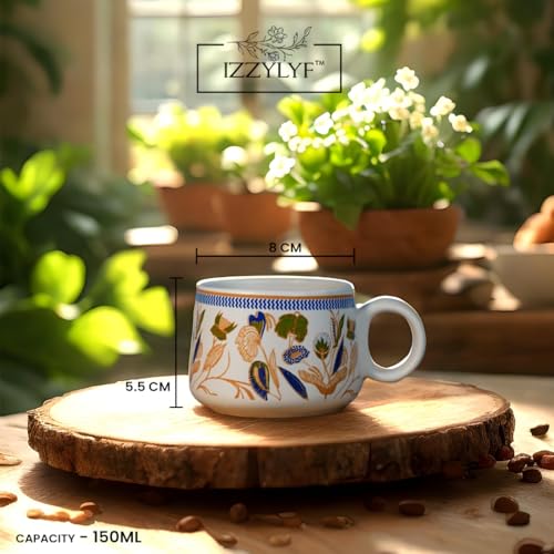 Image of 'Golden Flora' Premium Ceramic Tea Cup Set with Kettle & 6 Cups | Floral Printed Ceramic Cup with Teapot | Handcrafted, Microwave & Dishwasher Safe | Tea Serving Set for Home, Office & Gifting