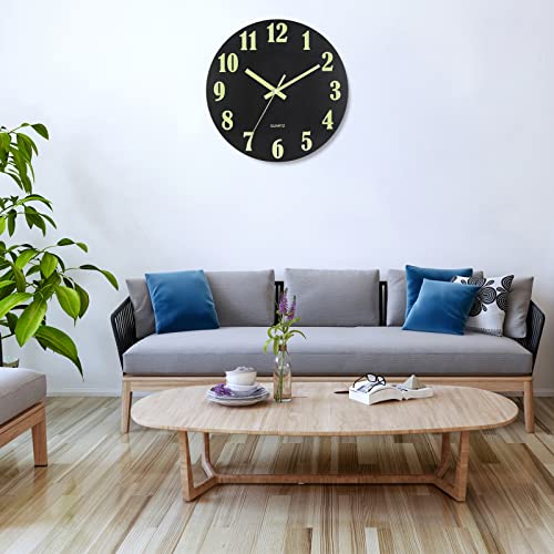 Image of HZDHCLH Luminous Wall Clock 12 Inch Silent Non Ticking Clock for Living Room Bedroom Kitchen Office(Luminous Black)